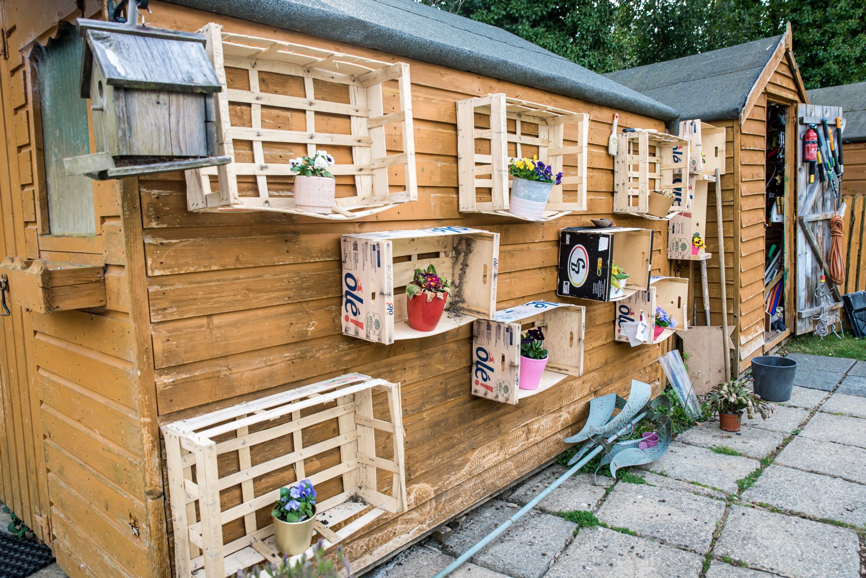 Several planter boxes line the wall of the garden shed filled with supplies for the staff and residents to enjoy the outdoors.